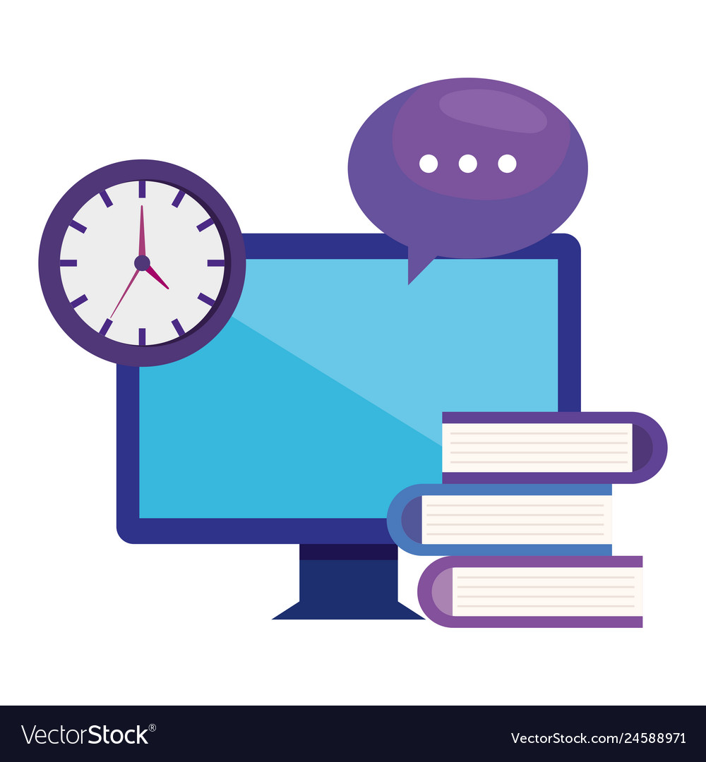 Computer with books and time clock vector image Computer with books and time clock