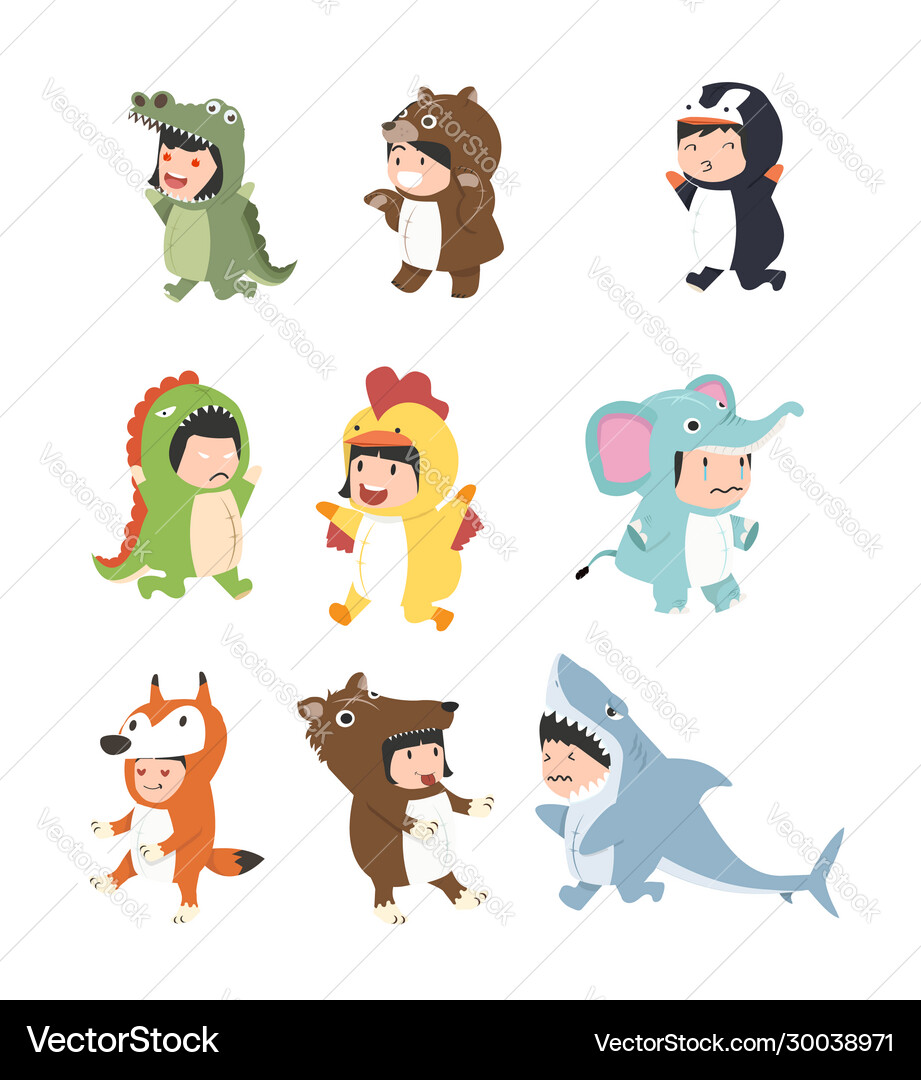 Kids dressed in onesies various animals set Vector Image