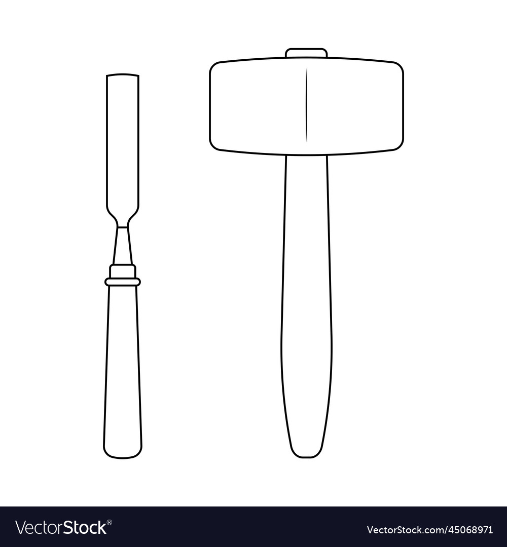 Mallet and chisel outline icon on white background vector image Mallet and chisel outline icon on white background