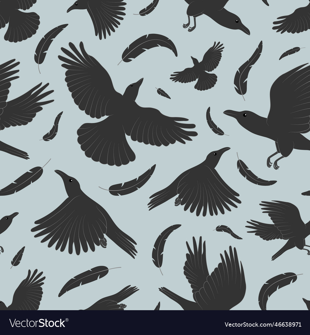 Seamless pattern with ravens and black feathers