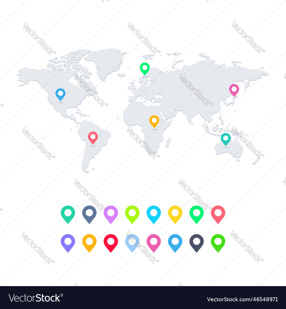 Set of colorful pin pointers and world map