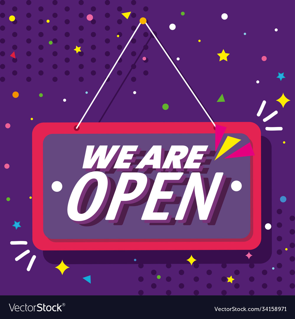 We are open label hanging in purple background