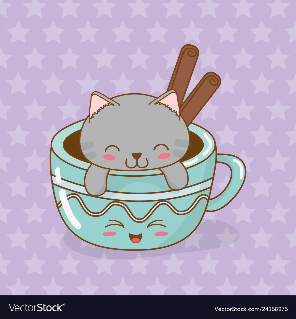 Cute little cat with coffee cup kawaii character Vector Image