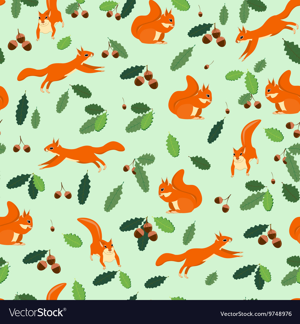 Pattern of squirrels jump sit on a green