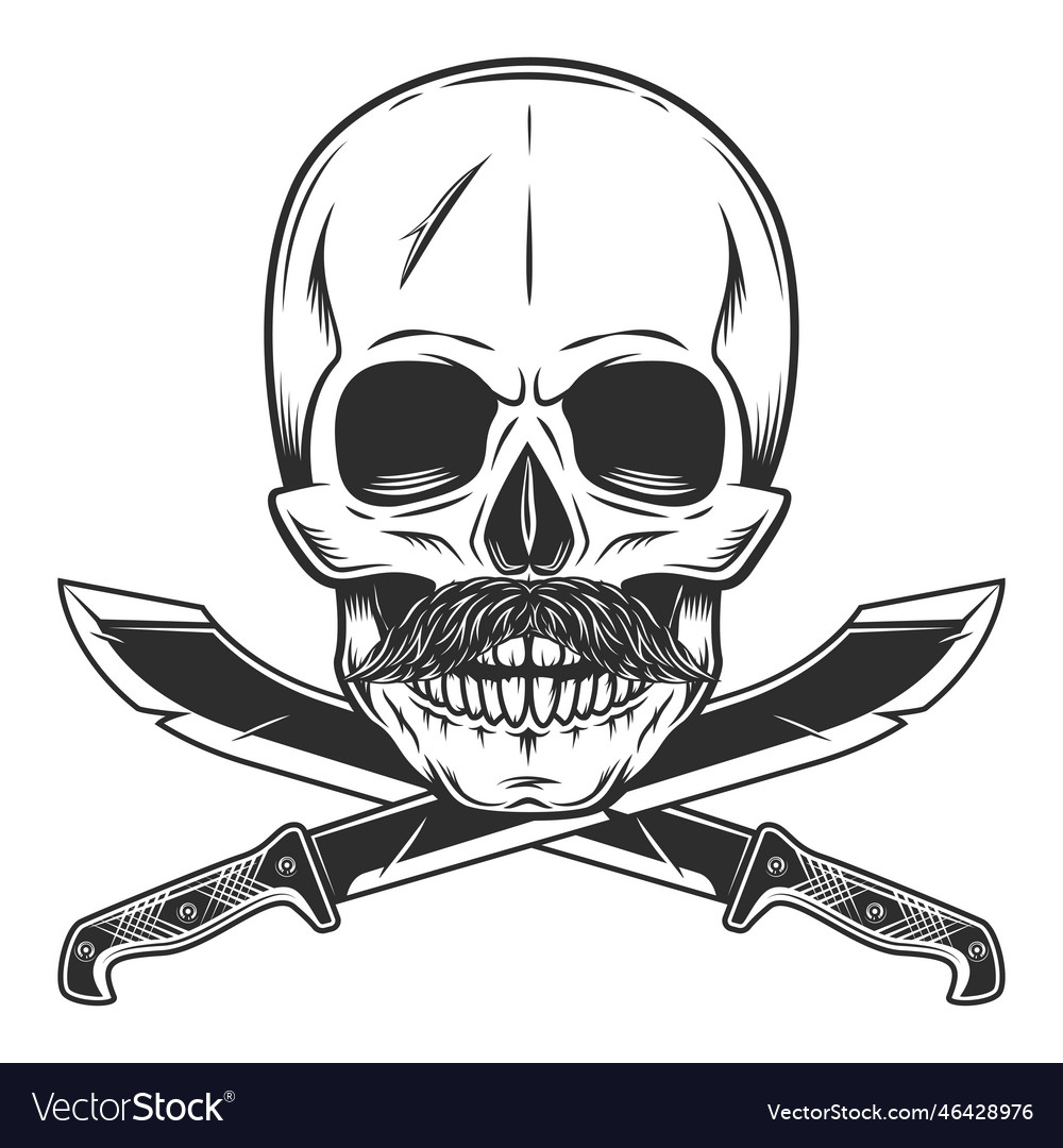 Skull and mustache with crossed machete sword Vector Image