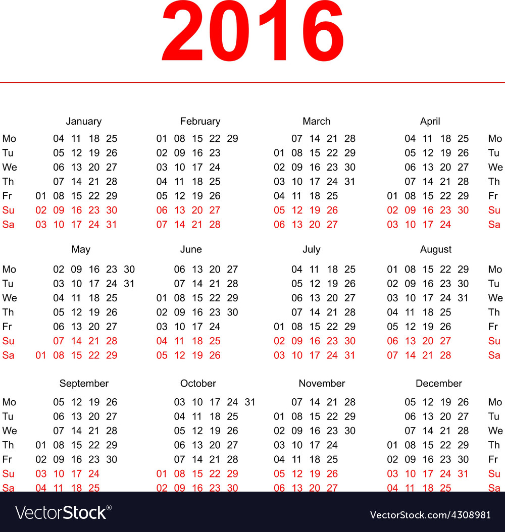 2016 calendar template vertical weeks first day vector image