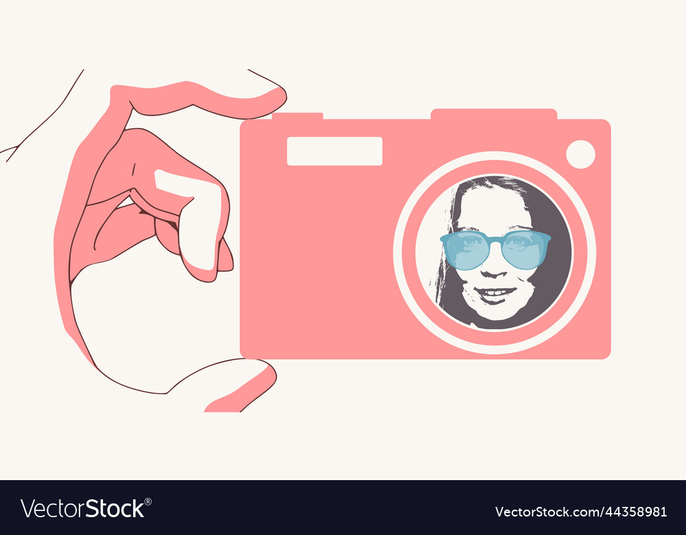 Hand holding photo camera icon with woman portrait