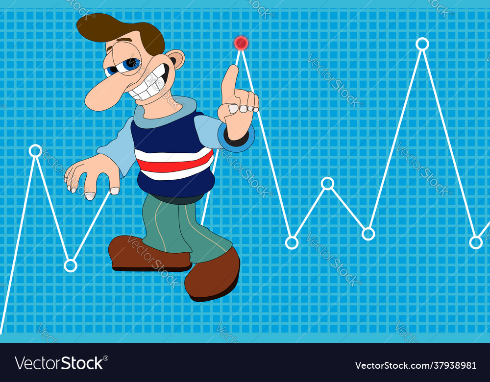 Man with cheeky smile points at red spot on graph