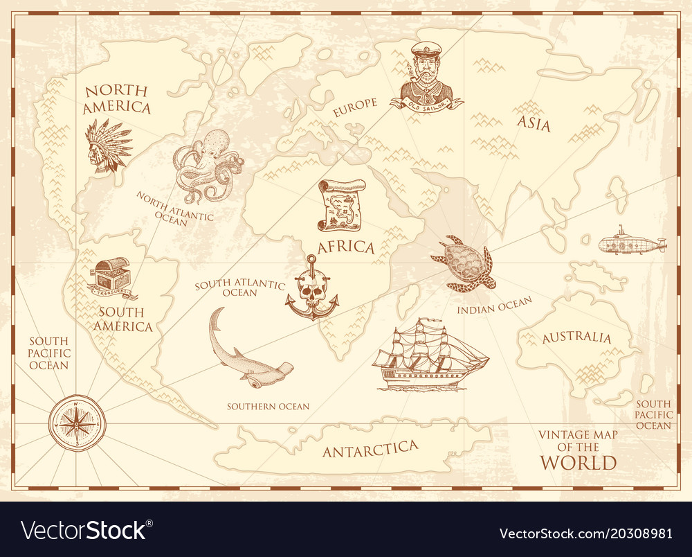 vintage world map with compass