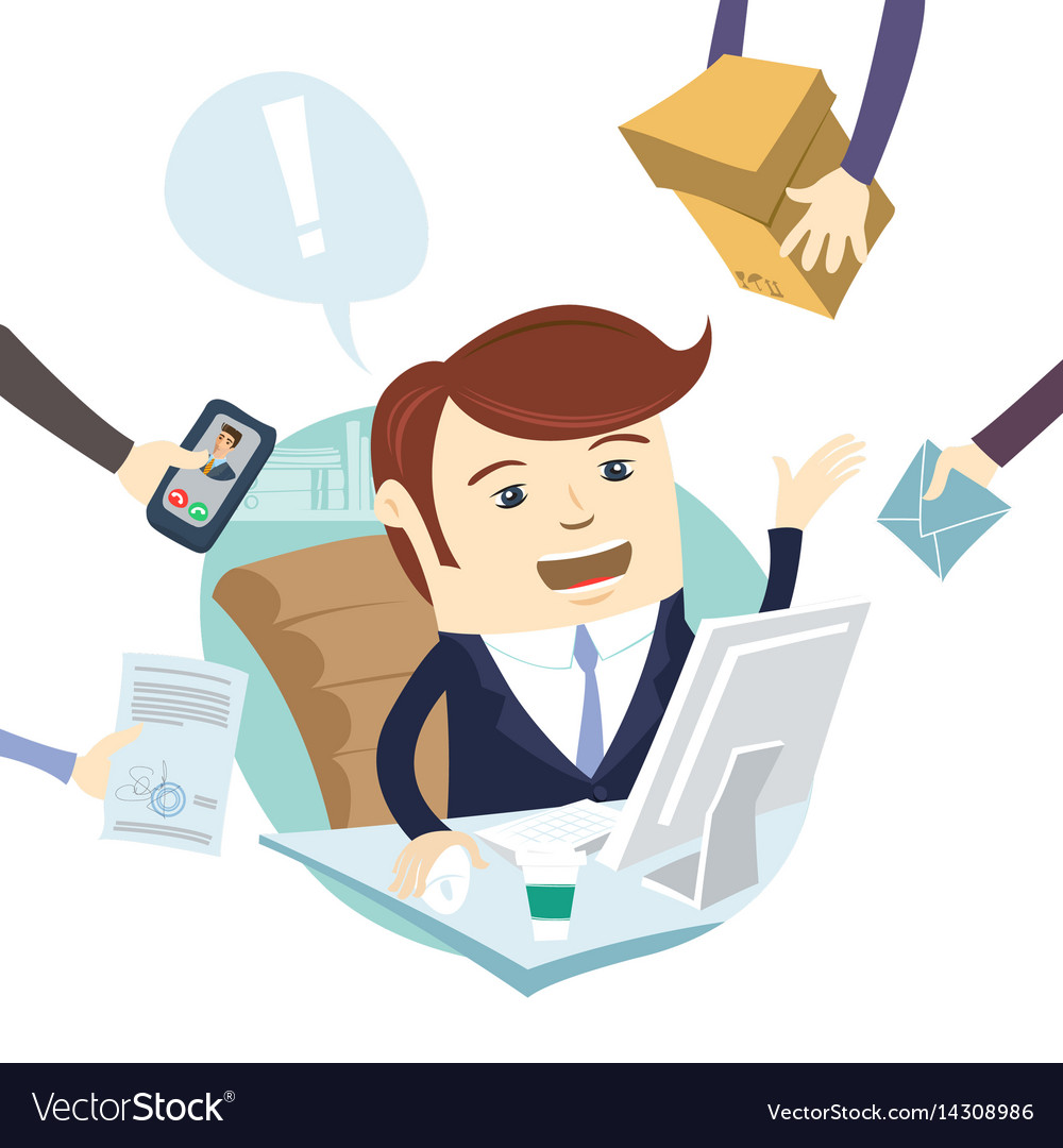 Busy tired angry businessman multitasking at desk Vector Image