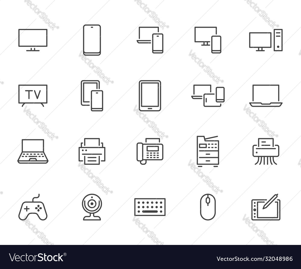 Devices line icons set computer laptop mobile vector image Devices line icons set computer laptop mobile