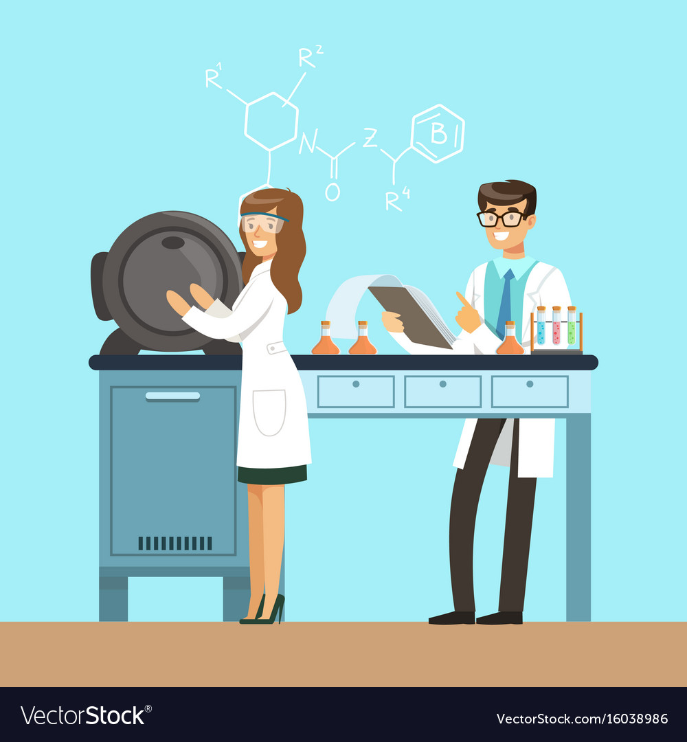 Scientists testing chemical elements interior