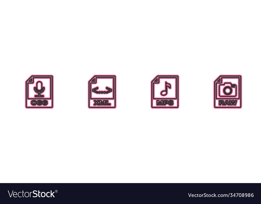 Set line ogg file document mp3 xml and raw icon vector image Set line ogg file document mp3 xml and raw icon