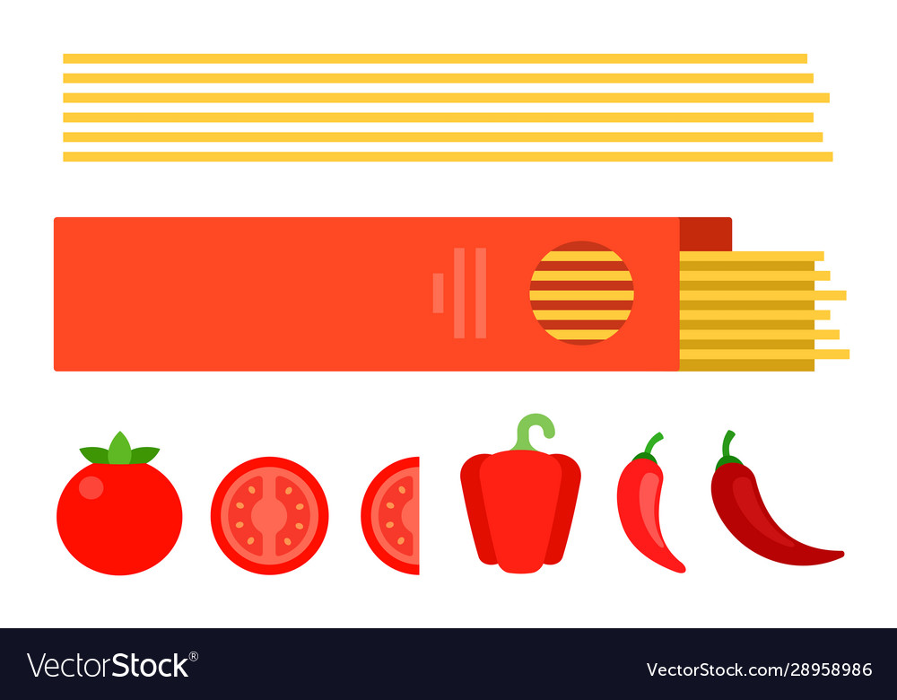 Spaghetti in a box with tomato and peppers flat