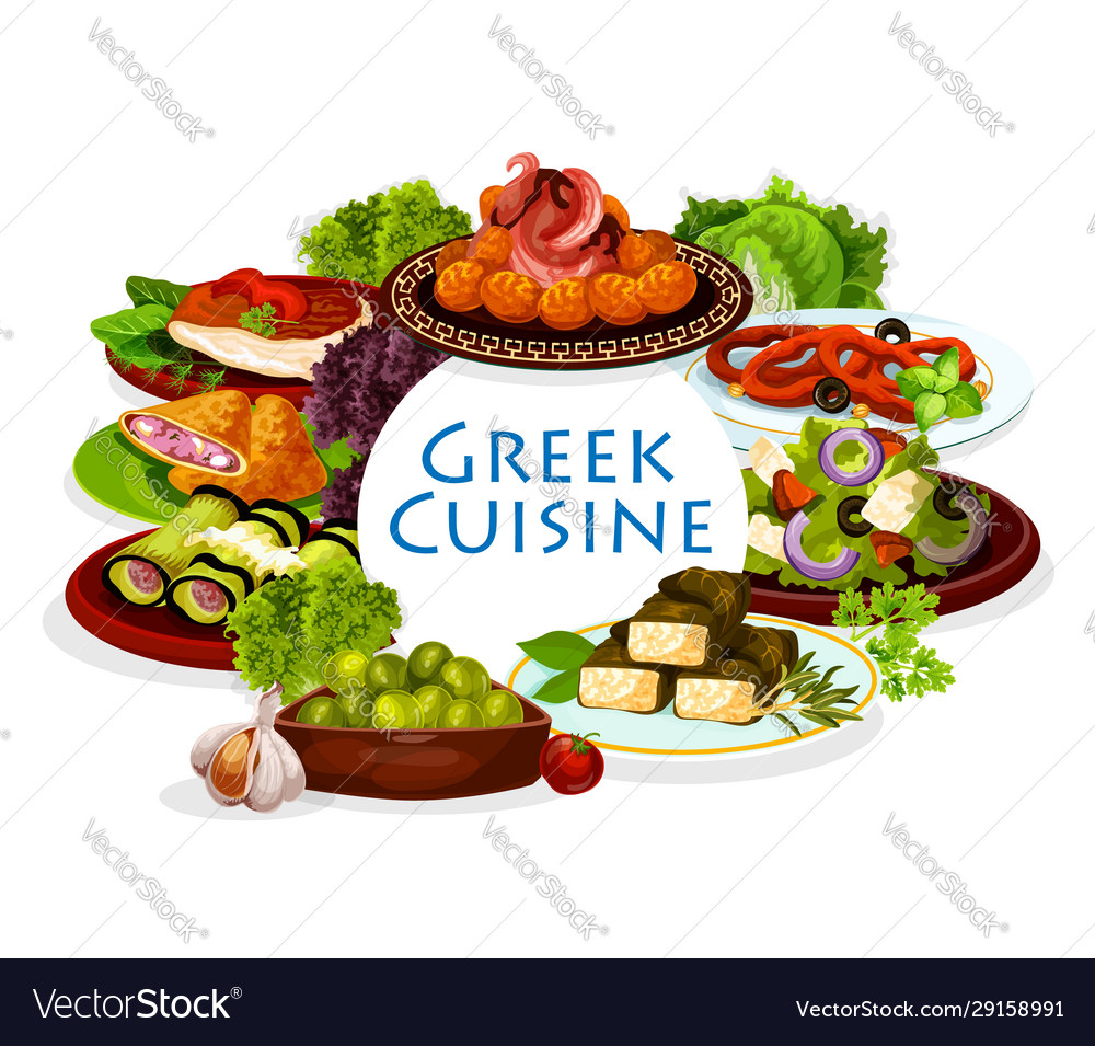 Greek veggies meat seafood meal with olives Vector Image