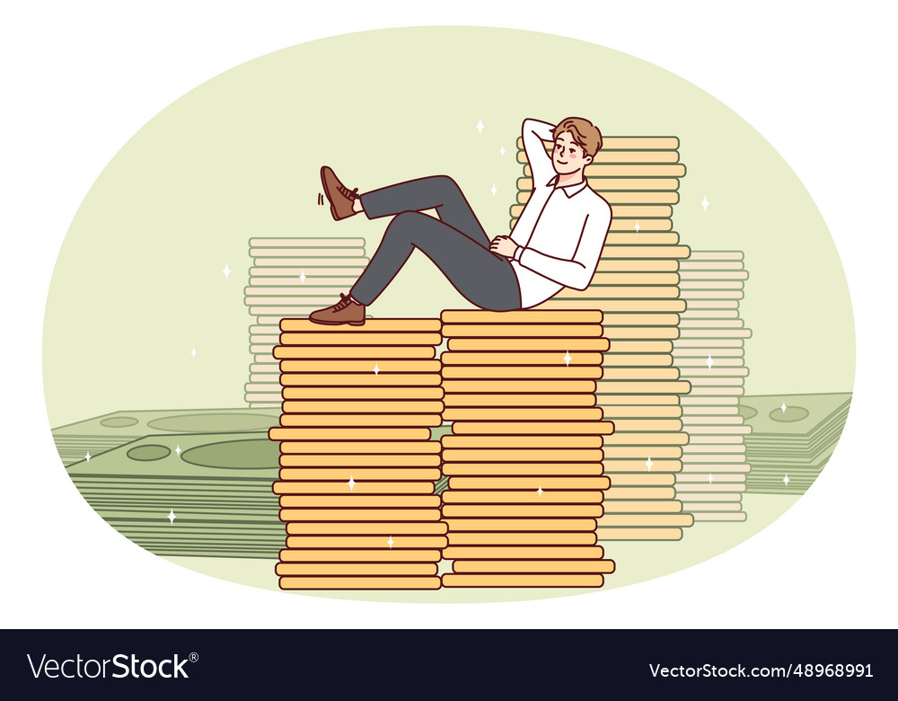 Happy businessman sitting on money stacks