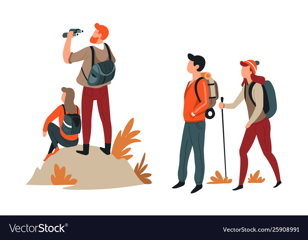 Hiking and trekking hikers couples backpacks Vector Image