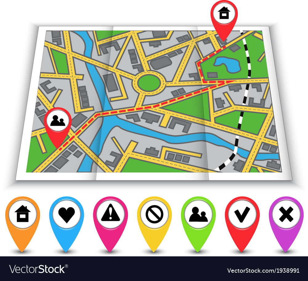 Paper maps icons and distance marked in red