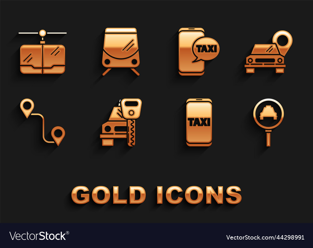 Set car rental map pointer with taxi magnifying vector image Set car rental map pointer with taxi magnifying