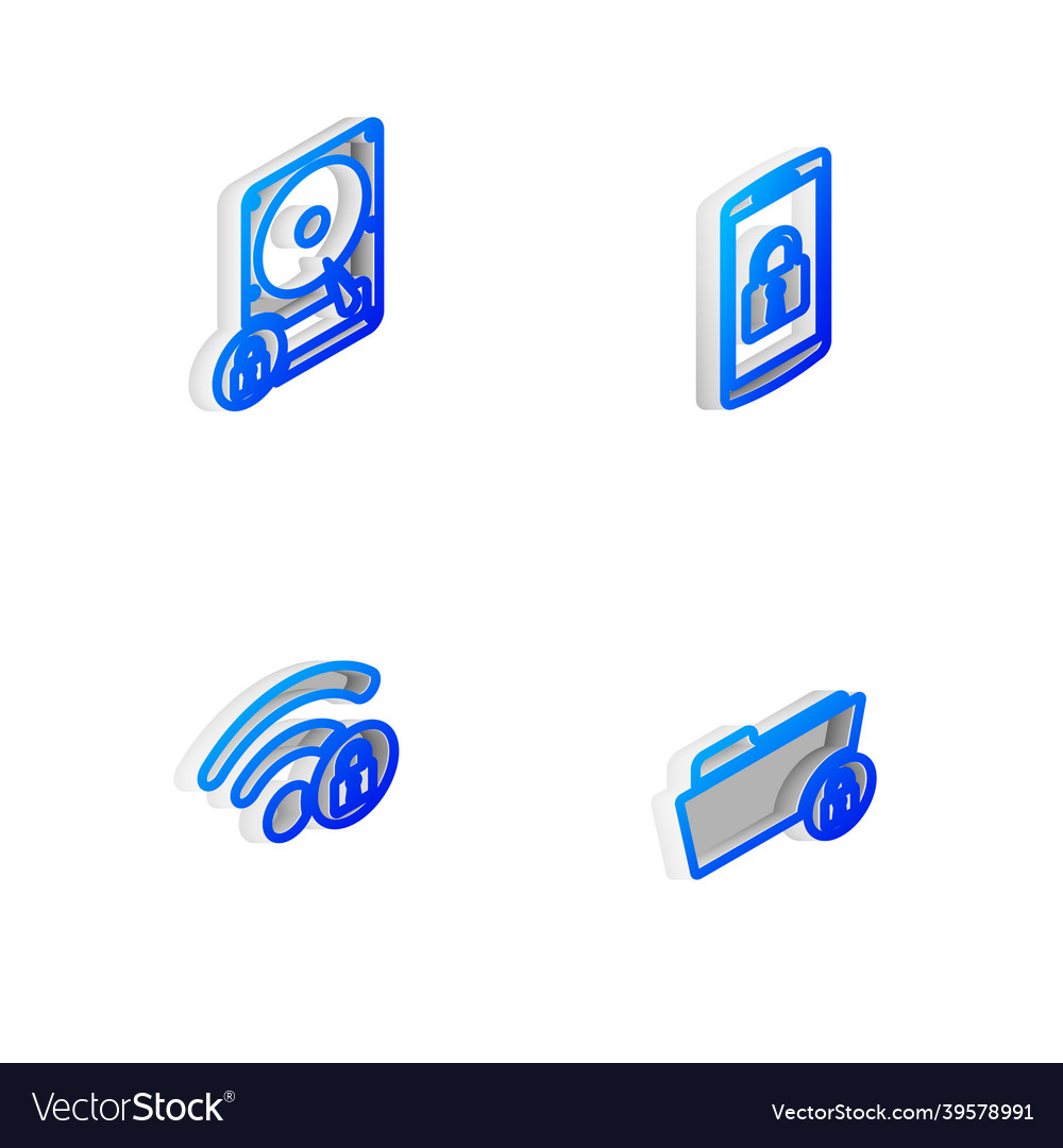 Set isometric line smartphone with lock hard disk