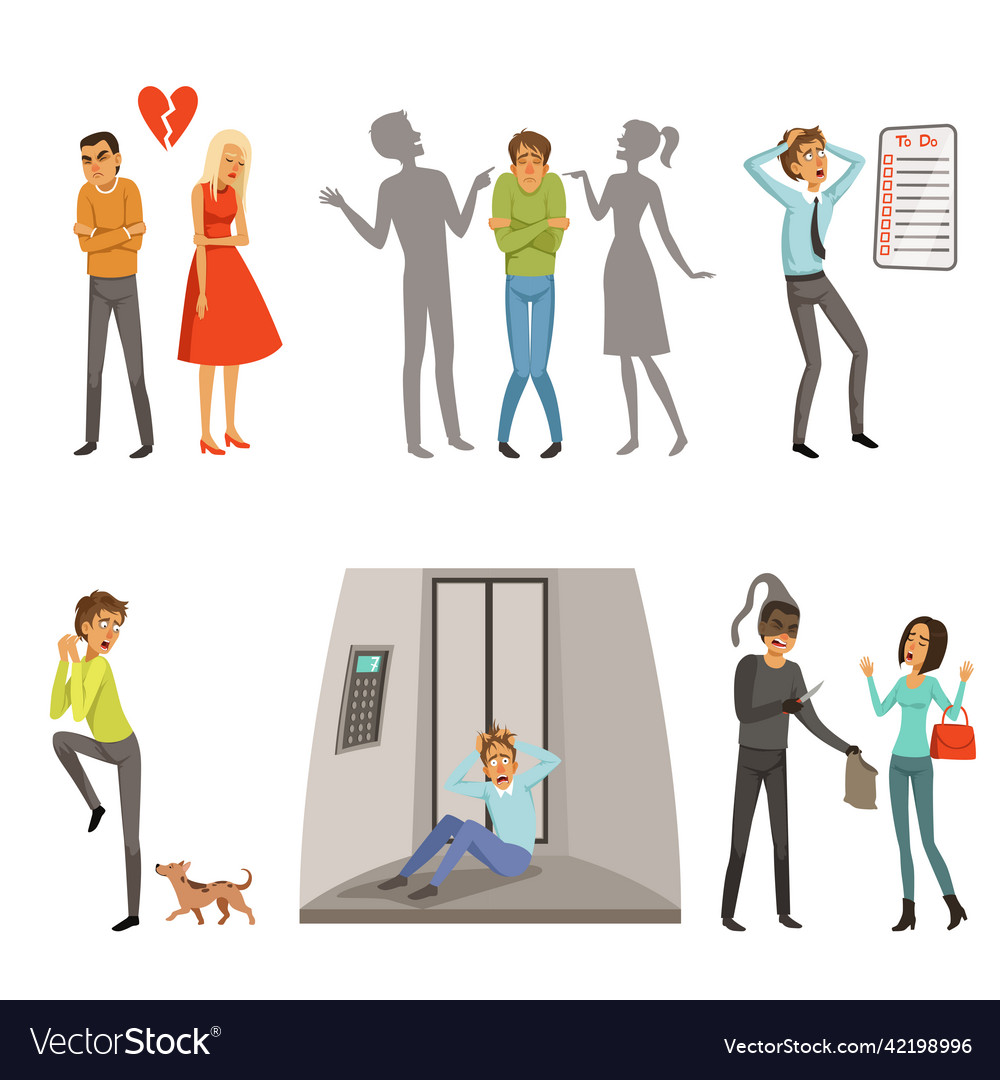 Characters in different scenes panic fear vector image Characters in different scenes panic fear