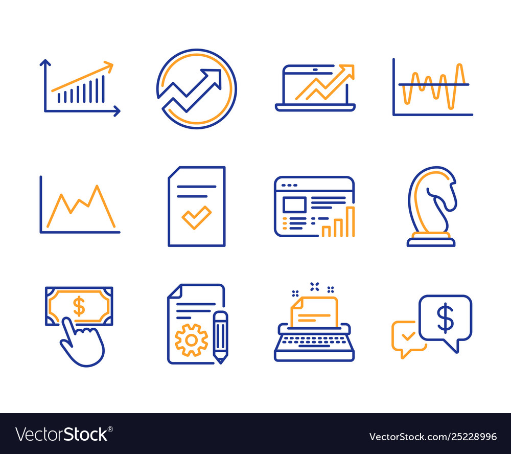 Checked file diagram and typewriter icons set vector image Checked file diagram and typewriter icons set
