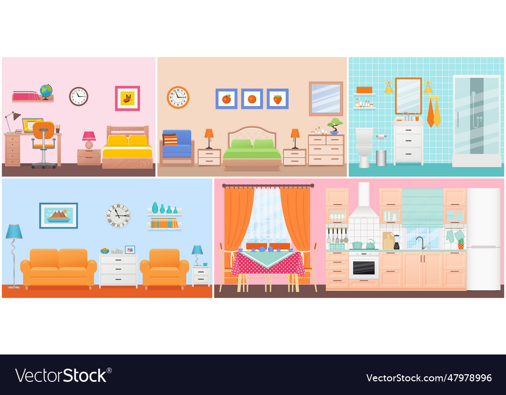 Room interiors in flat design cartoon house Vector Image