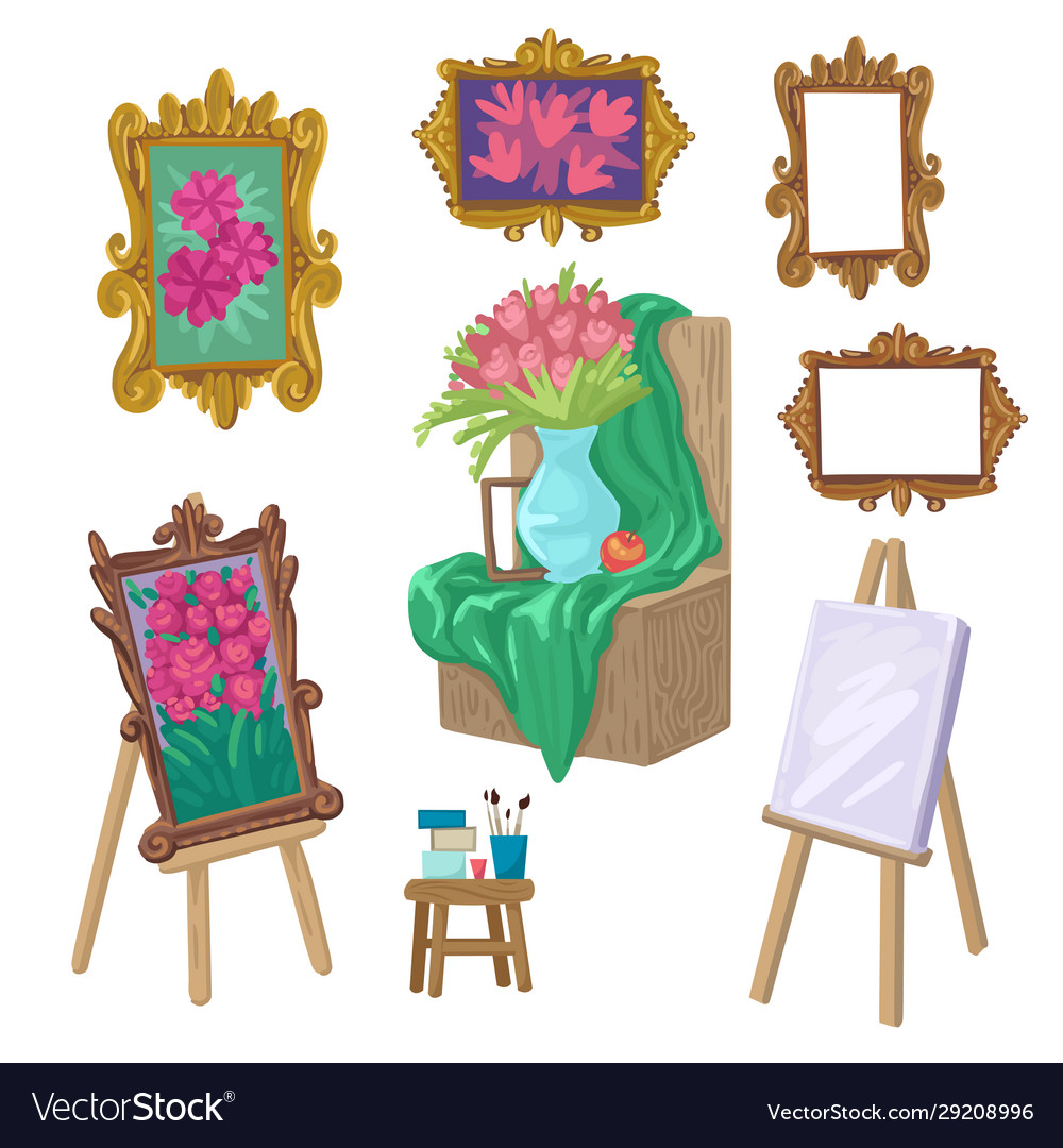 Set painting objects easel with canvas