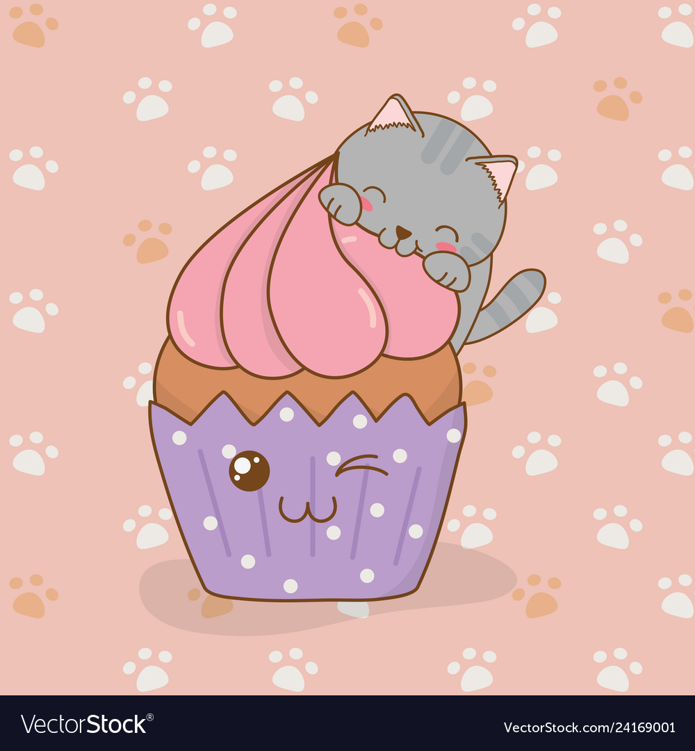 Cute Little Cat With Cupcake Kawaii Character Vector Image