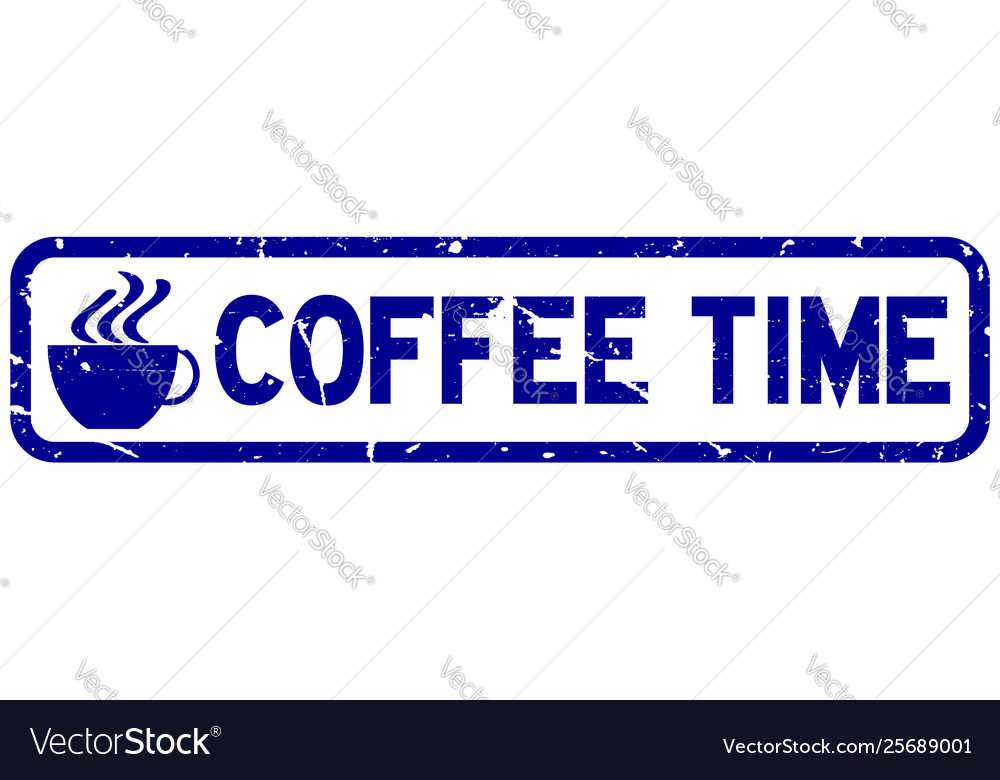 Grunge blue coffee time word with cup icon square