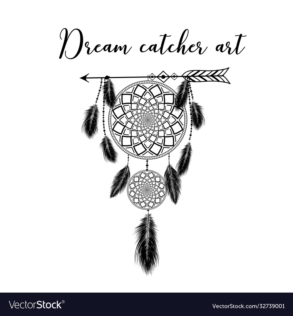 Hand drawn indian dreamcatcher with feathers