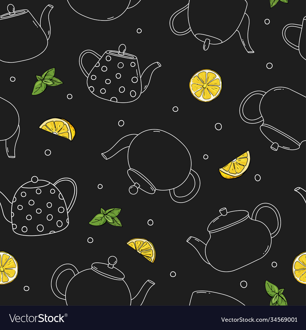 Seamless pattern with teapots and lemons