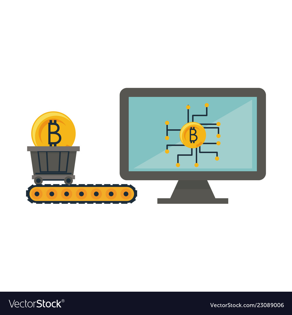 Bitcoin mining from computer and cart wagon vector image Bitcoin mining from computer and cart wagon