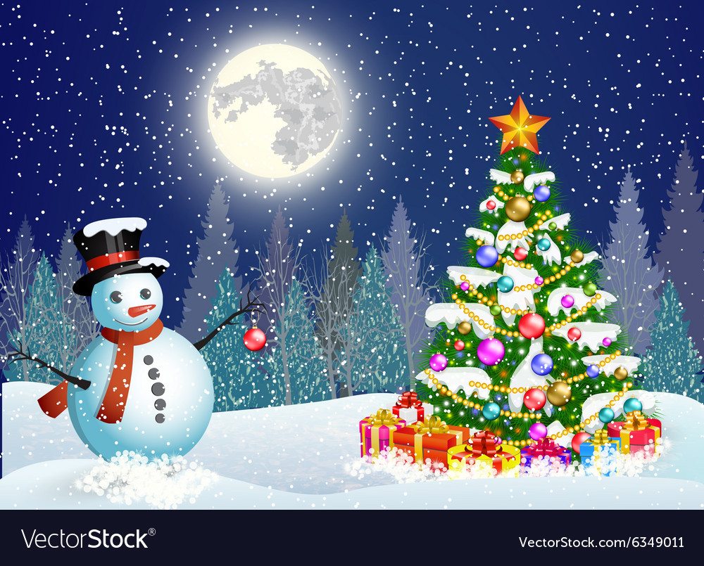 Cute snowman decorating a christmas tree Vector Image