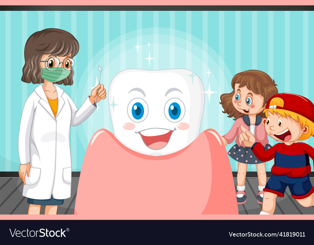 Dentist examining tooth with kids on white Vector Image