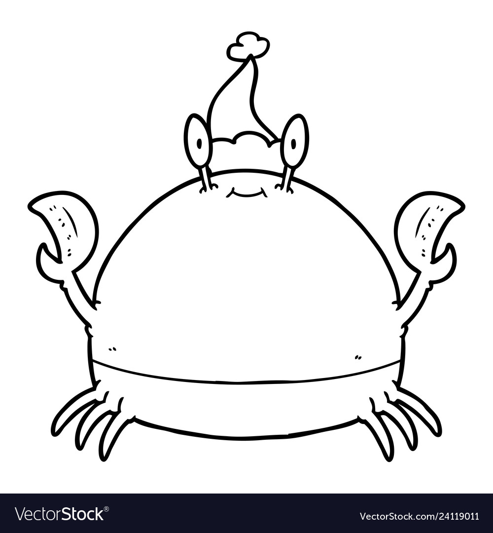 Line drawing of a crab wearing santa hat Vector Image