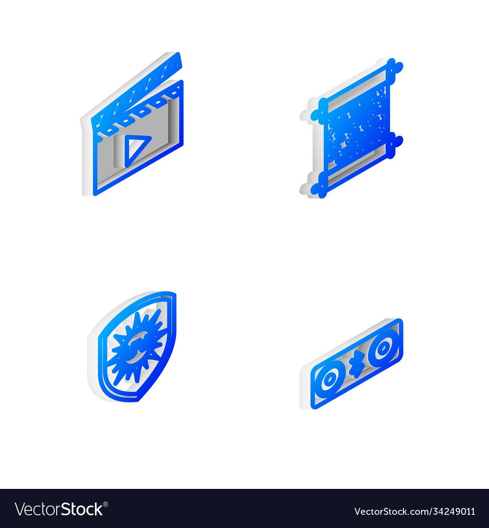 Set isometric line paper scroll movie clapper uv vector image Set isometric line paper scroll movie clapper uv