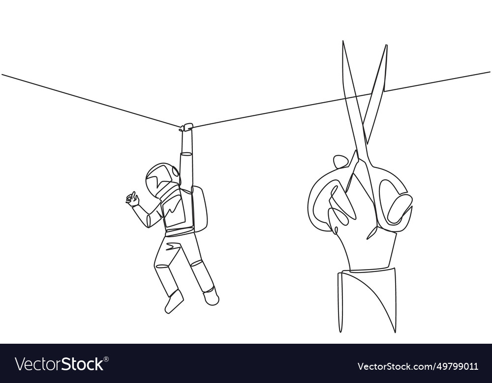 Single one line drawing the astronaut hanging