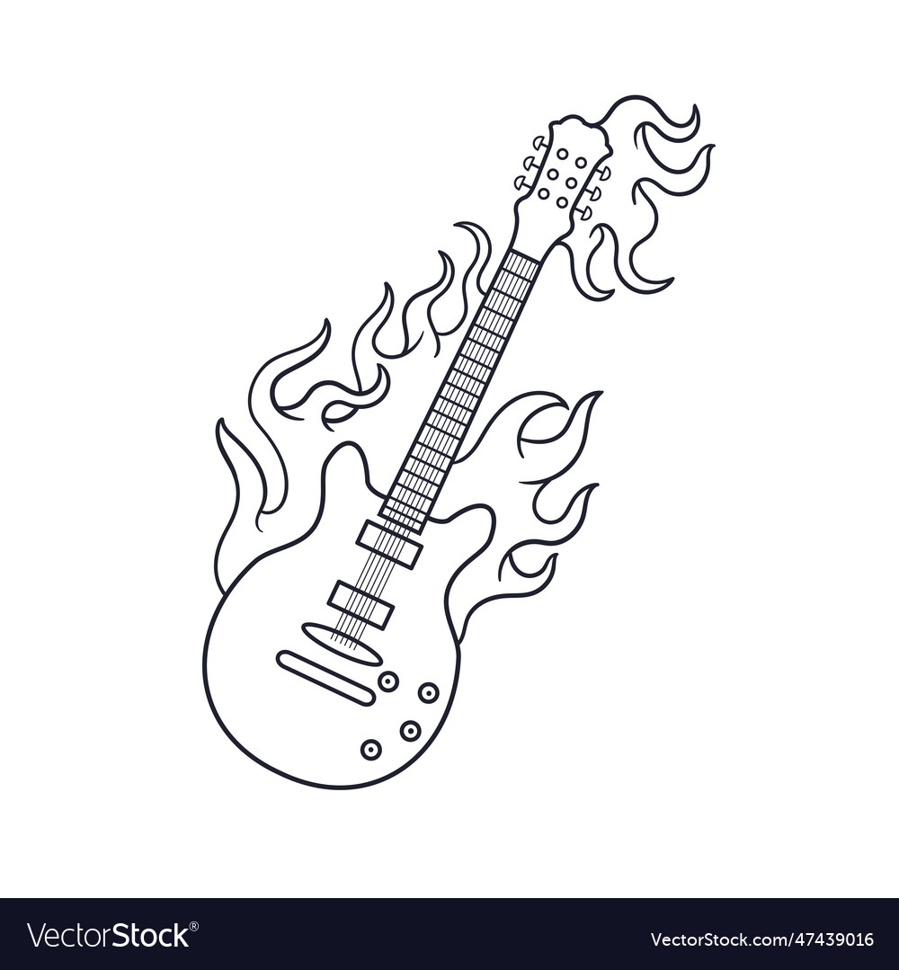 Hand drawn of a guitar with fire outline Vector Image