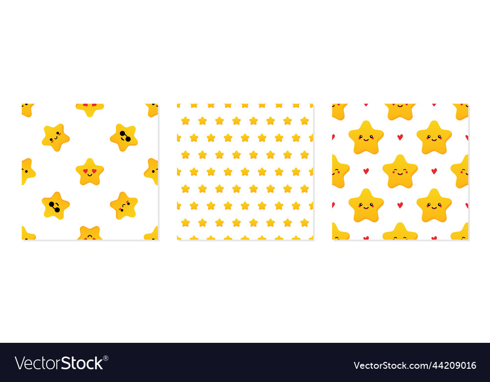 Yellow star characters seamless patterns set