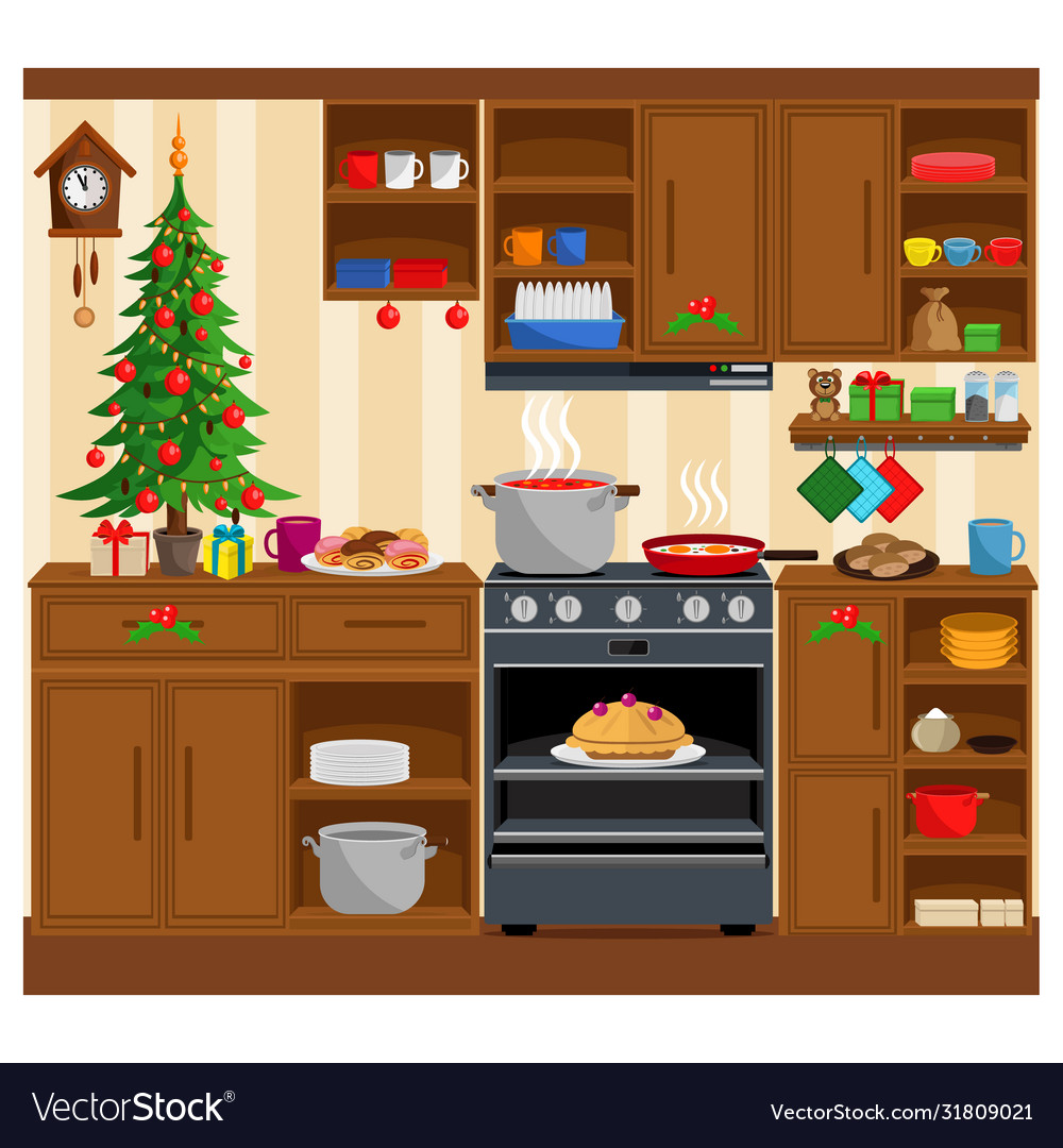 Christmas kitchen interior cooking delicious food vector image Christmas kitchen interior cooking delicious food