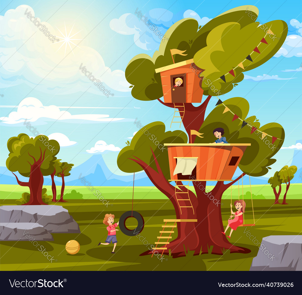 Children tree house composition Royalty Free Vector Image