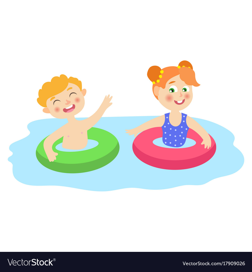 Flat Children In Inflatable Rings Pool Royalty Free Vector