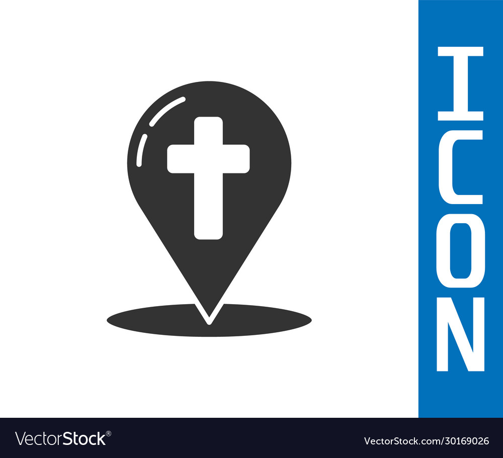 Grey map pointer with christian cross icon vector image Grey map pointer with christian cross icon