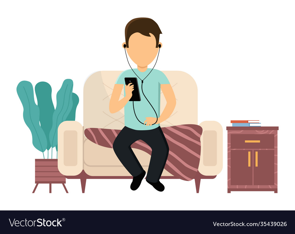 Man is sitting on couch and listening to music Vector Image