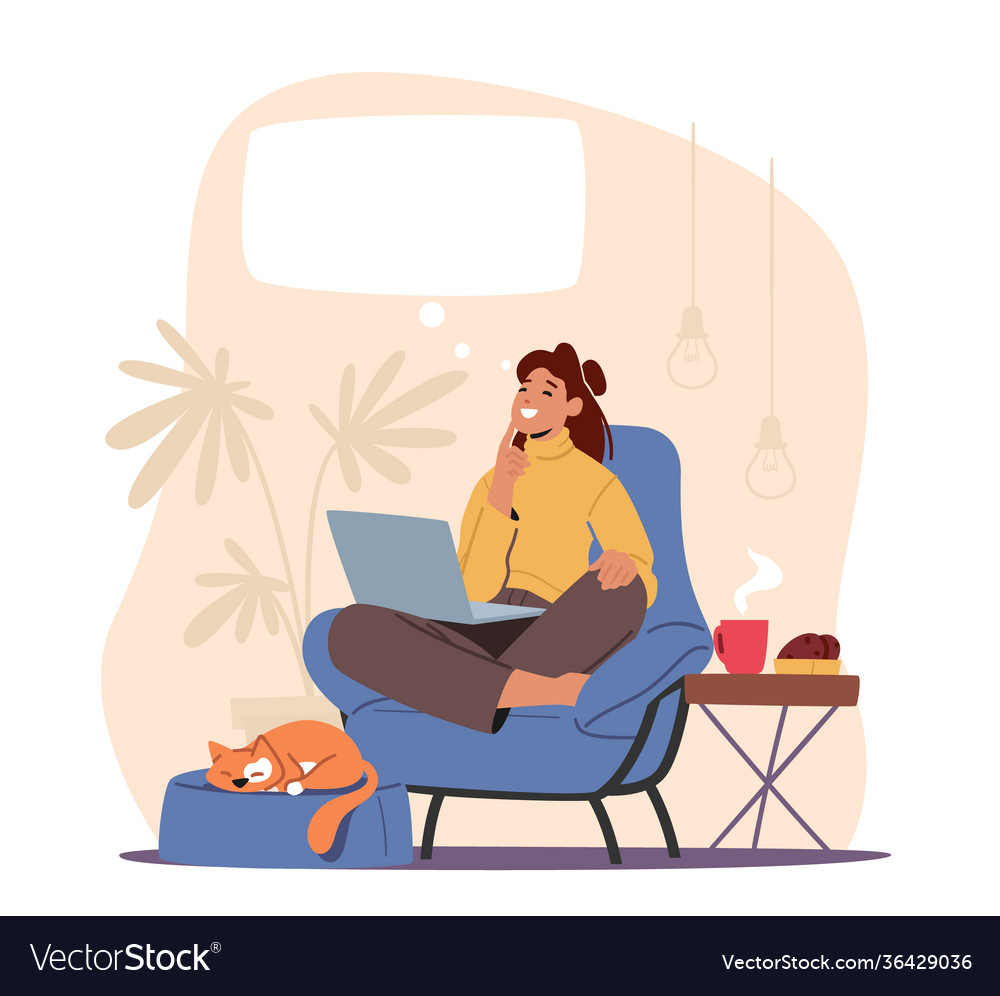Happy female character dreaming in thoughtful pose vector image Happy female character dreaming in thoughtful pose