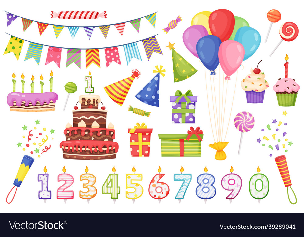 Cartoon birthday party decoration elements cakes vector image Cartoon birthday party decoration elements cakes