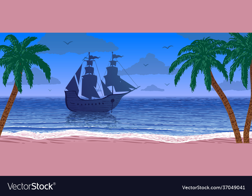 Silhouette ship at sea coast among palm trees