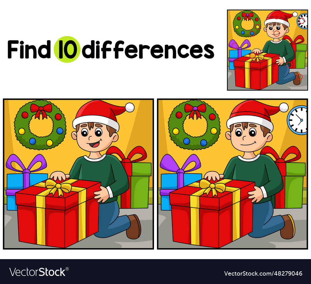 Christmas boy opening gift find the differences