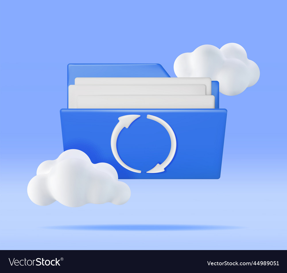 3d blue folder in clouds with file sync icon vector image 3d blue folder in clouds with file sync icon